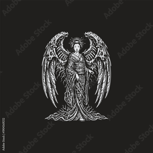 Vintage engraving illustration of a Japanese geisha in kimono with large skeletal wings in dark fantasy style.