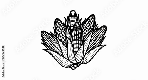 A decorative arrangement of ripe corn cobs with husks