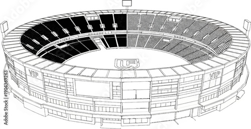 A detailed outline drawing of a circular stadium with tiered seating, VIP boxes, and a central logo