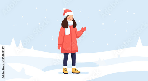 A child in a winter coat, hat, and scarf stands in a snowy landscape