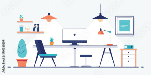 A stylish flat design illustration of a contemporary home office with computer and chair.
