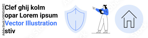 Woman holding a tablet pointing at a shield and a house outline, conveying protection, security, and home themes. Ideal for technology, security, privacy, insurance, home safety property simple