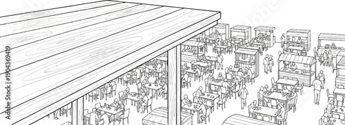 A busy outdoor dining area with stalls and people seated at tables