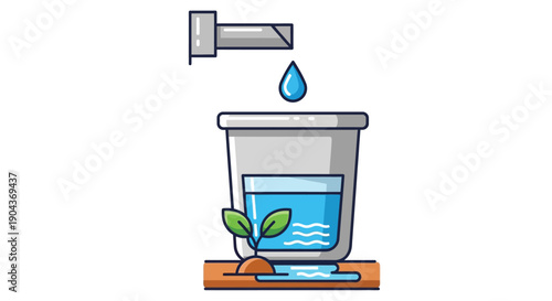 Simple illustration representing water conservation efforts through collecting drips into a container nurturing a small emerging plant sprout outdoors.