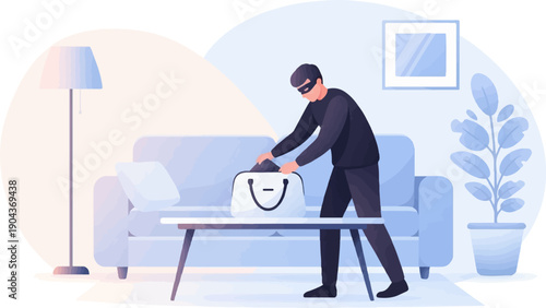 A burglar in a mask packs a bag on a table in a living room