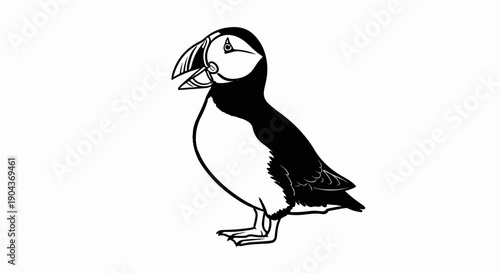 A black and white illustration of a puffin with an open beak and distinctive markings