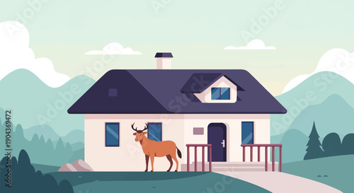 A deer stands near a rural home nestled among rolling hills and trees
