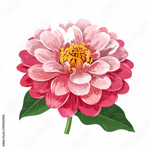 A vibrant illustration of a peony flower in full bloom with lush green leaves