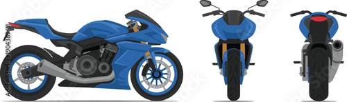 Sport motorcycle vector illustration, side front and rear views, aerodynamic design artwork, racing bike graphics, automotive elements, mechanical engineering study icons