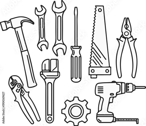 A collection of hand and power tools, including a drill and a saw