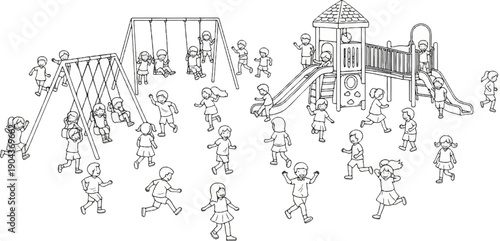 A cheerful group of children joyfully plays at a vibrant, outdoor playground