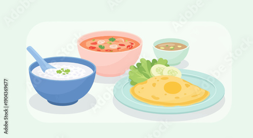 A delicious and vibrant meal presentation with rice porridge and omelet