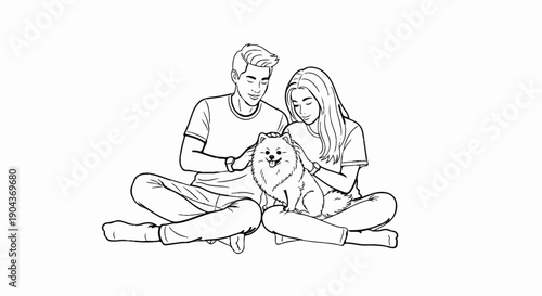 A cheerful couple sits cross-legged, petting a fluffy dog