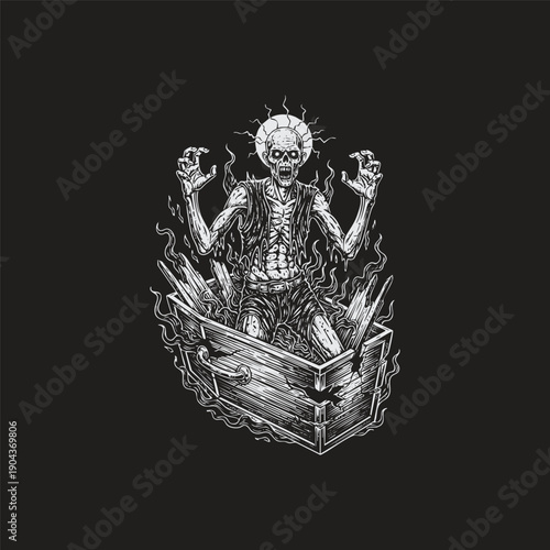 Vintage hand-drawn illustration of a scary zombie rising from a broken wooden coffin with smoke and halo light on black background.