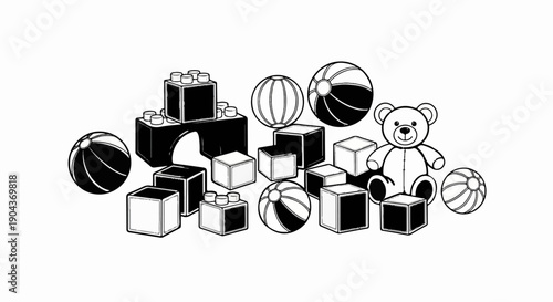 A collection of playful toys including building blocks, beach balls, and a cuddly teddy bear
