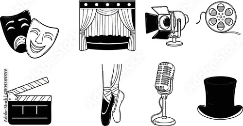 A collection of retro performing arts icons including masks, a stage, spotlight, film reel, clapperboard, ballet shoes, microphone, and top hat