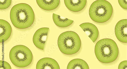 A bright, seamless pattern of sliced green kiwi fruit on a pale yellow background