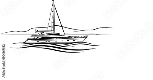 A black and white sketch of a sailing yacht on choppy seas near distant hills