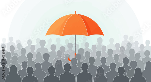 A bright orange umbrella shields a diverse crowd from unseen elements