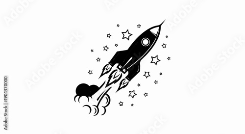 A black rocket blasts off among scattered stars against a white background