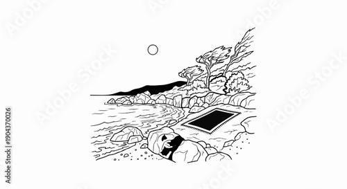 A black rug lies on a rocky shore near the ocean with a distant moon