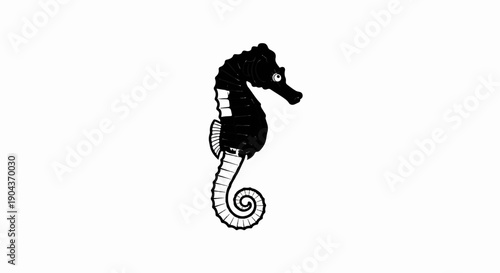 A black seahorse with a coiled tail on a white background