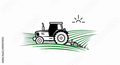 A black and white tractor cultivates green wavy rows under a simple sun icon