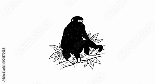 A black ape sits on a tree branch surrounded by leaves