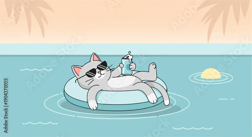 A cat lounges in a pool on a float with a drink, wearing sunglasses