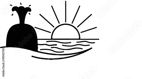 A black silhouette depicts a geyser erupting on a rocky island next to a sunrise over the ocean