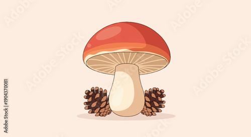 A cartoon-style mushroom with a red cap sits between two pine cones