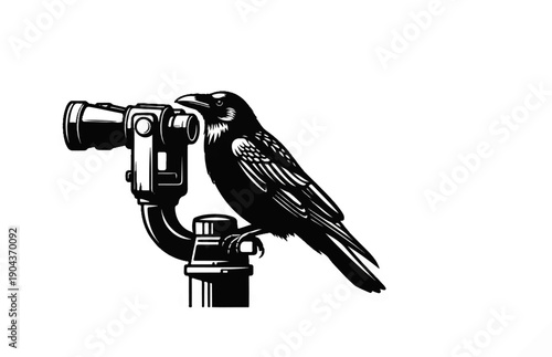 A black bird perches on a camera stabilizer, looking curious