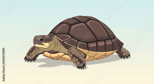 A cartoon-style turtle with a brown shell walks on a pale sandy background