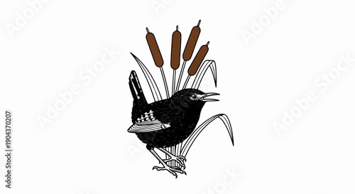 A black bird with white markings sits among cattails