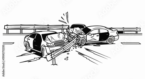 A cartoon sketch of two damaged cars after a collision on a highway guardrail