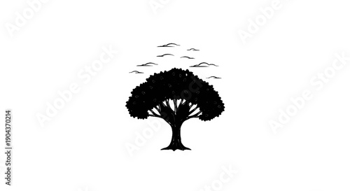 A black silhouette of a leafy tree with branches against a white background