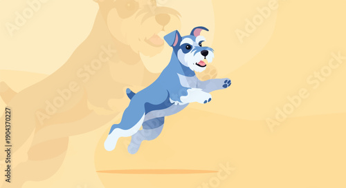 A cartoon schnauzer dog is jumping in the air with a ghostly outline of itself behind it