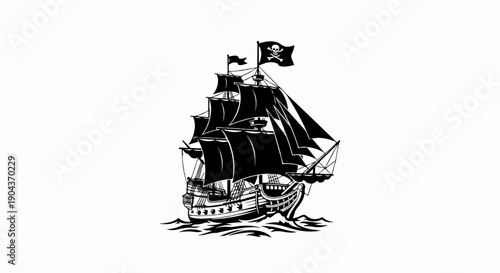 A black silhouette of a majestic sailing ship with a pirate flag