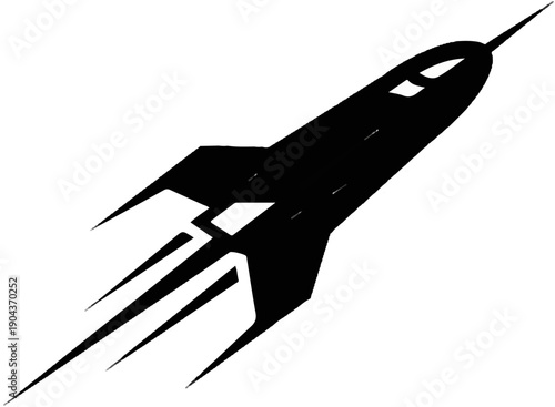 A black silhouette of a retro-style rocket ship with three fins