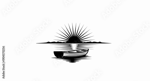 A boat floats on water under a radiating sun and mountain silhouette