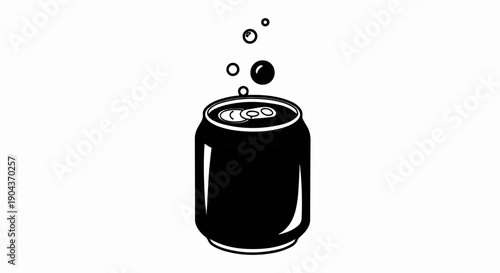 A black can with a tab is shown with fizzing bubbles rising above it