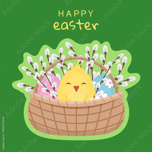 Easter background. Vector illustration. A yellow chick, painted Easter eggs, and pussy willow branches in a brown wicker basket on a green background. Greeting card. Sale banner with space for text.