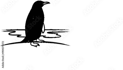 A black silhouette of a penguin stands on a shore with stylized water