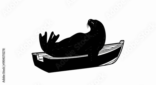 A black silhouette of a seal lounging on a small, simple boat