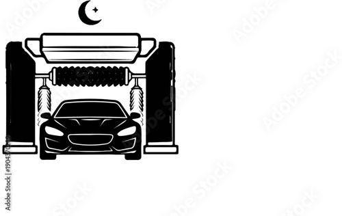 A black car is in an automatic car wash with brushes and a moon