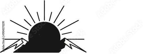 A black silhouette of a rising sun behind jagged mountains against a white background