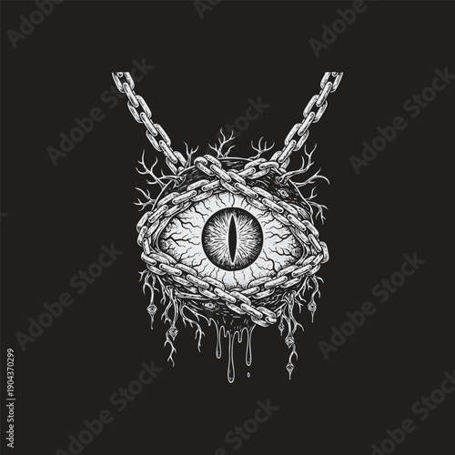 Vintage engraving illustration of a mystical all-seeing eye wrapped in chains and roots on dark background.