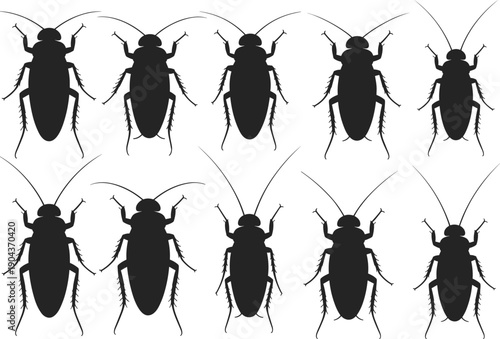 Cockroach silhouette vector illustration, insect icons in multiple postures, entomology artwork, pest control design elements, crawling bug graphics, biology educational symbols