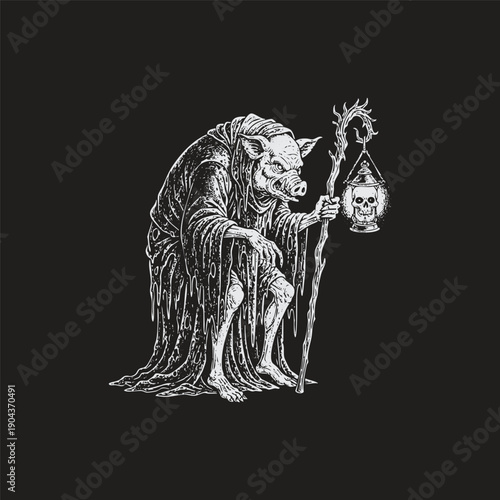 Vintage engraving illustration of a hooded pig wizard or hermit holding a staff with a skull lantern.