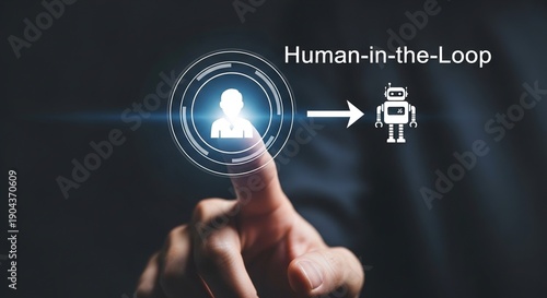 Businessman's finger touching a glowing digital interface symbolizing the concept of human in the loop interaction transitioning data toward artificial intelligence automation and robotics processing